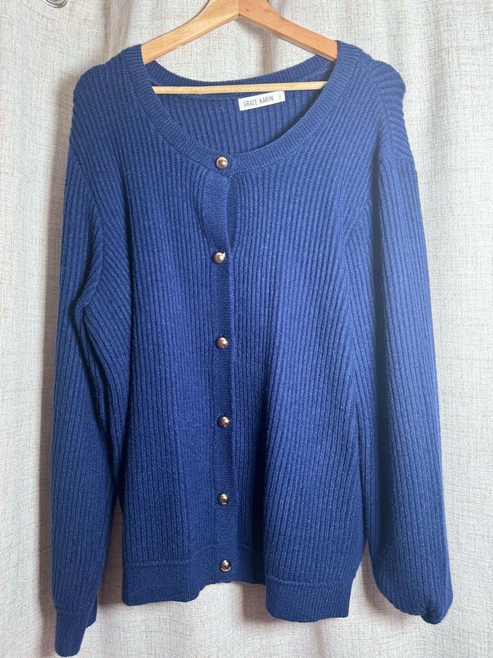 Grace Karin Navy Ribbed Crewneck Cardigan with Gold Buttons